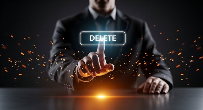 Businessman's Finger Taps 'DELETE' Button on Futuristic Interface, Representing Data Removal and Digital Security Amidst Sparkles