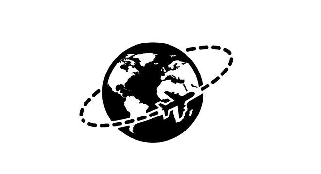 Minimal black silhouette icon, simple flat vector, bold black shape, no, no shading black and white icon of a globe with a plane flying around it on a, flat icon style