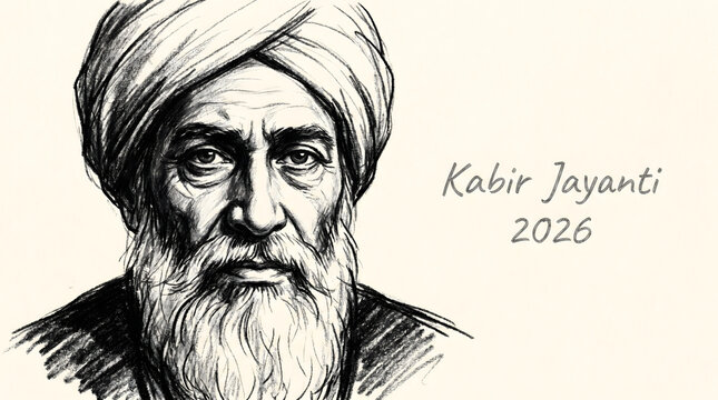 Kabir Jayanti 2026 pencil sketch portrait of turbaned bearded sage on light background