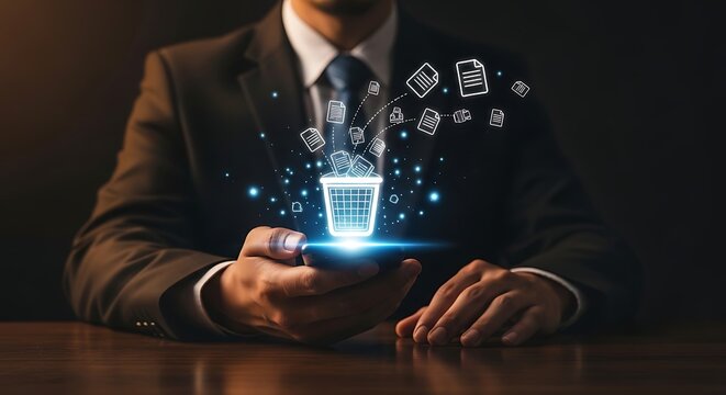 Man holding smartphone displaying digital trash bin with documents flying out, symbolizing data deletion and file organization
