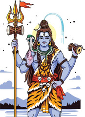 Obraz premium Lord Shiva standing with trident and damaru Hindu deity illustration.