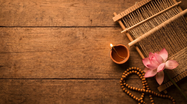 Kabir Jayanti devotional flatlay with loom prayer bead candle and lotus on wood