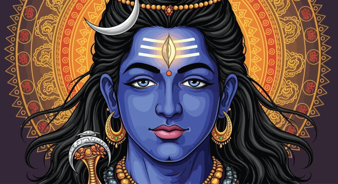 Lord Shivas serene blue face with traditional markings and adornments.