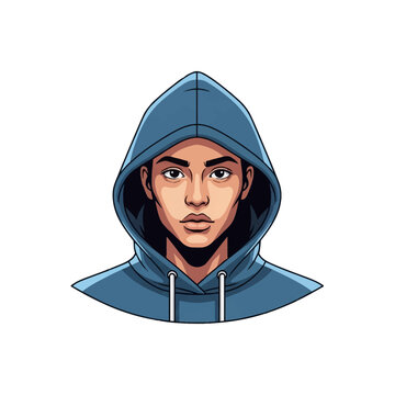 Vector illustration of a person with tan skin wearing a blue hooded sweatshirt. Graphic character portrait with clean lines and cel shading, isolated on a white background.