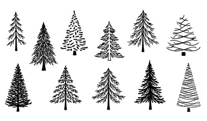 Obraz premium Hand drawn Christmas tree silhouette vector collection with festive pine clipart icons