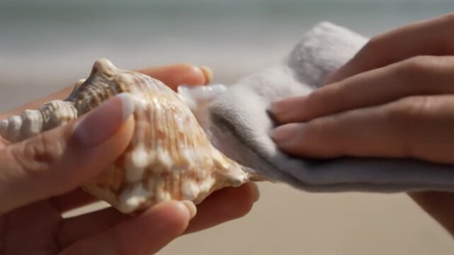 Woman Cleaning a Conch Seashell on a Sunny Beach