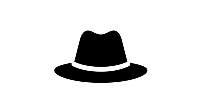 Minimal black silhouette icon, simple flat vector, bold black shape, no, no shading black fedora hat icon on a, flat icon style