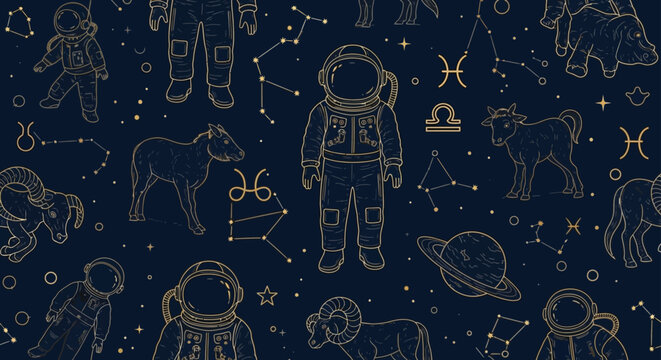 astronaut zodiac constellations and animals seamless pattern on dark blue background