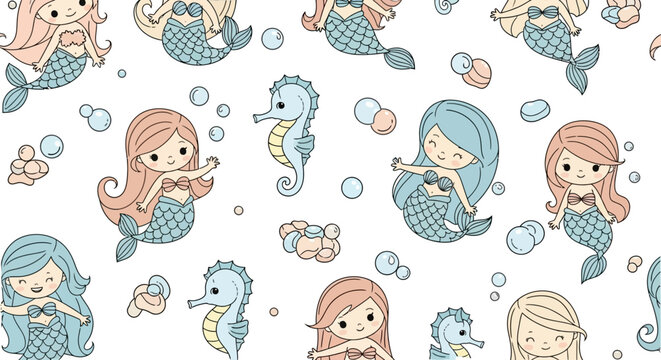 cute little mermaids and seahorses swimming with bubbles seamless pattern for kids