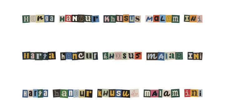 Harga hancur khusus malam ini, ransom note style text collage, cutout letters for sale promotion and marketing design