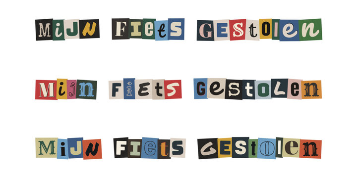 Mijn fiets gestolen. Ransom note style text in Dutch language, cut out letters from magazines, bicycle theft concept