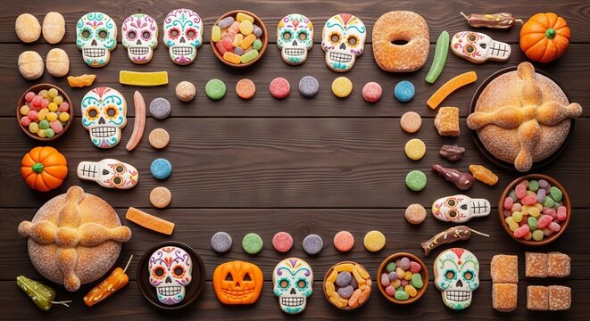 Day of the dead sugar skulls and bread arrangement with colorful candy on wooden table. concept of mexican traditions, festive celebration, cultural heritage