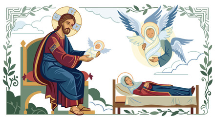 Naklejka premium Jesus receiving the soul of the Virgin Mary with angels above 