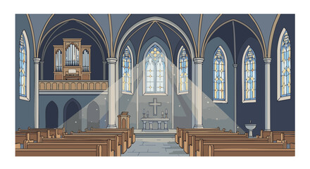 Obraz premium Interior of a church with soft light beams illuminating the altar, concept of Dormition of the Virgin Mary 
