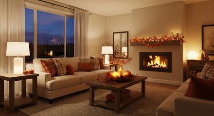 Obraz premium Cozy autumn evening in a warmly lit living room with fireplace and fall decor for inviting seasonal comfort. concept of relaxation, home warmth, seasonal ambiance