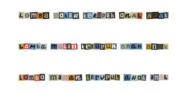Lomba makan kerupuk anak anak, ransom note style text design for children cracker eating contest celebration