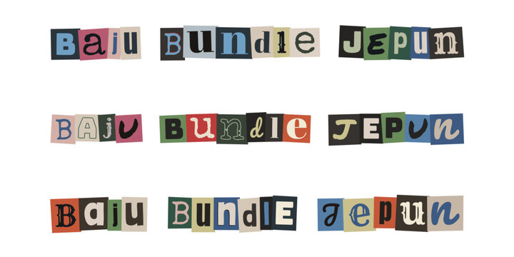 Baju Bundle Jepun. Ransom note style text design in Malay language featuring cut out letters for vintage clothing