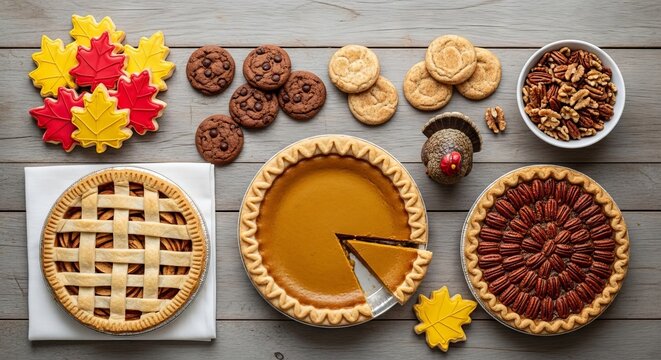 Assorted autumn desserts with pumpkin and pecan pie, cookies, and festive maple leaf cookies on wooden table. concept of thanksgiving treats, seasonal baking, fall celebration