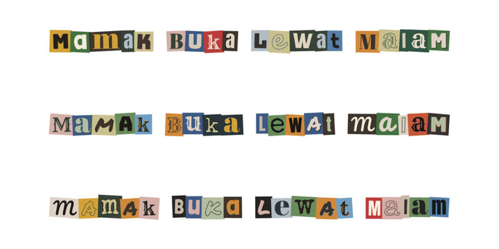 MAMAK BUKA LEWAT MALAM. Ransom note style typography with Malay text for late night restaurant signage design