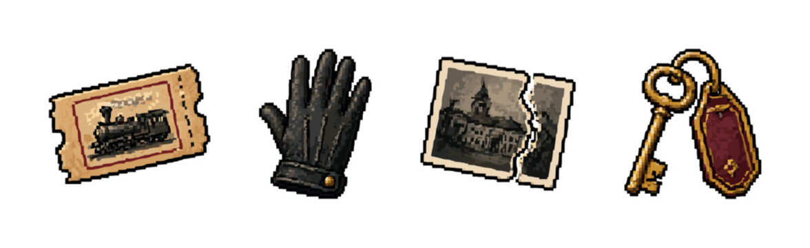 Pixel art collection of vintage travel and mystery items