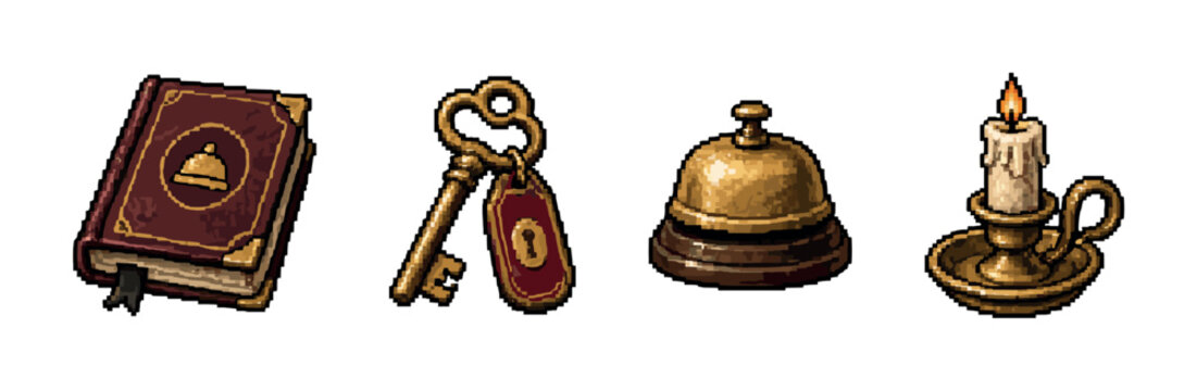 Pixel art icons for hotel service, vintage style with key, bell, book, and candle