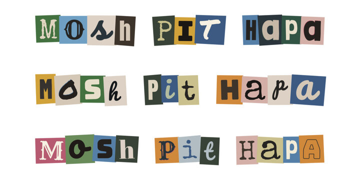 MOSH PIT HAPA. Ransom note style text design with Swahili phrase, collage typography letters on colorful paper background