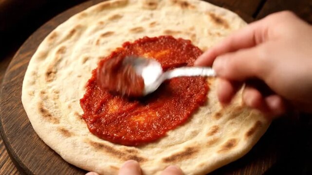 Spreading Tomato Sauce on Fresh Pizza Dough Close Up