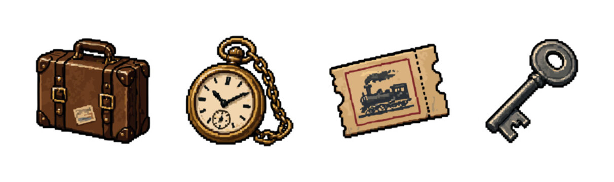 Vintage travel essentials: suitcase, train ticket, pocket watch, and key