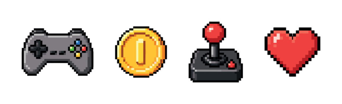 Pixel art game icons: controller, heart, coin, and joystick