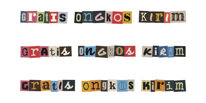 Gratis ongkos kirim ransom note style text, free shipping typography design for e-commerce and online shopping promotions