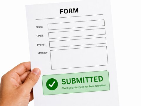 Hand holding a paper document with a submitted website contact form. Digital data entry and customer feedback concept, mockup, copy space