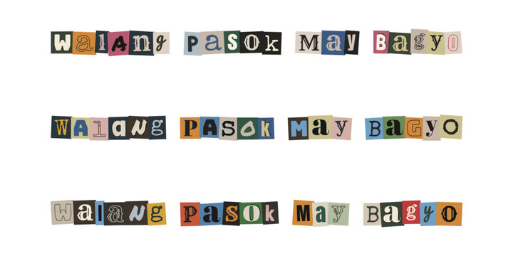 Walang pasok may bagyo. Ransom note style text in Tagalog about school and work cancellation due to typhoon weather