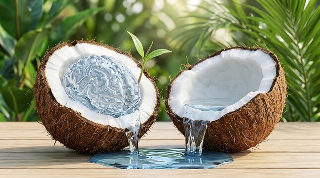 Conceptual image of a translucent brain model inside a halved coconut, with water flowing out and a small plant sprouting from its top, symbolizing new ideas and organic growth.