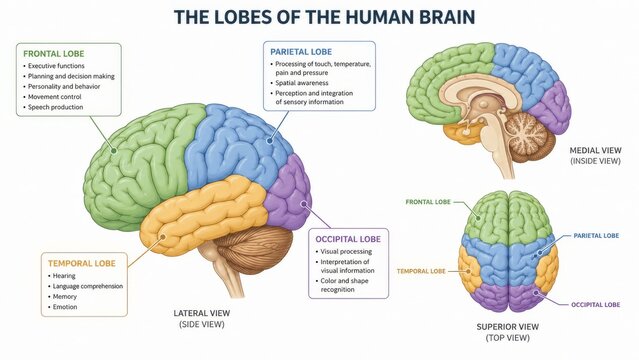Anatomical diagram of human brain showing lobes. Medical illustration featuring frontal, parietal, temporal and occipital lobe