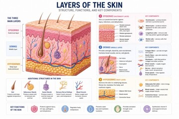 Fototapeta na wymiar Human skin anatomy diagram showing epidermis, dermis and hypodermis layers. Medical illustration of biological structure, functions and components for educational dermatological study and healthcare