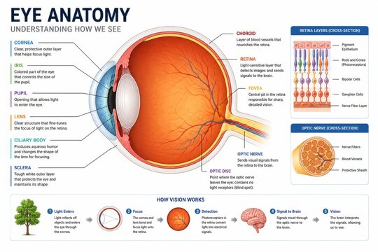 Eye anatomy diagram showing components, structure and biological vision process. Scientific illustration of human ocular system with sections for education, medical training and ophthalmology study