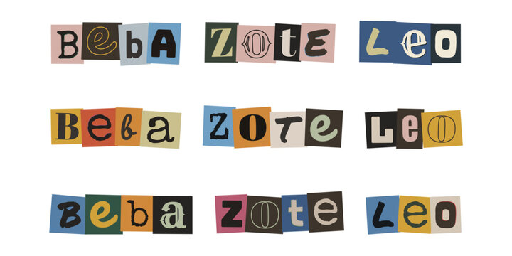 Beba Zote Leo. Swahili text ransom note style typography design. Cutout letters collage alphabet set for creative projects.