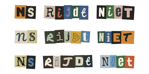 Fototapeta premium NS RIJDT NIET. Ransom note style text in Dutch. Collage typography design with cut out letters on white background.