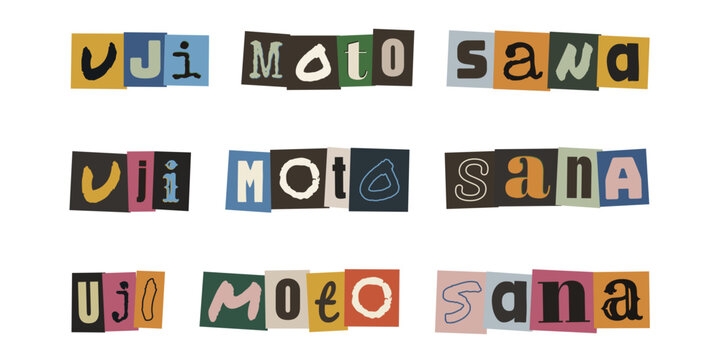 uji moto sana. Swahili text ransom note style collage typography design with colorful paper cut out letters