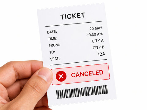 Hand holding a canceled travel ticket. Close up of paper boarding pass invalidated with red stamp. Flight cancellation, travel disruption and journey planning