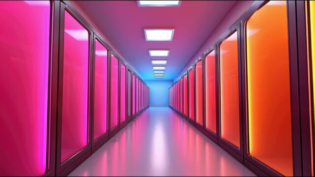 Vivid Corridor of Light and Color: An eye-level perspective captures a striking corridor design, featuring vibrant glass panels, each emitting unique hues of light.