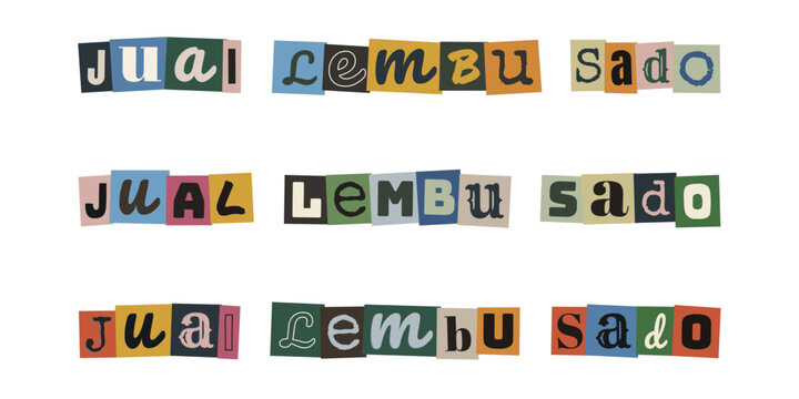JUAL LEMBU SADO. Ransom note style text in Malay language, collage typography design for cattle sale advertisement