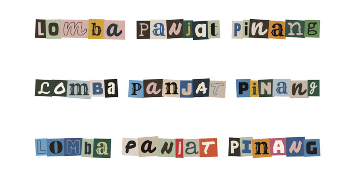Lomba Panjat Pinang ransom note style text collage, Indonesian traditional competition typography design elements