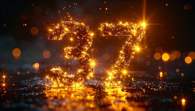 Glowing golden numbers thirty-seven sparkle brightly on a dark background with bokeh lights.