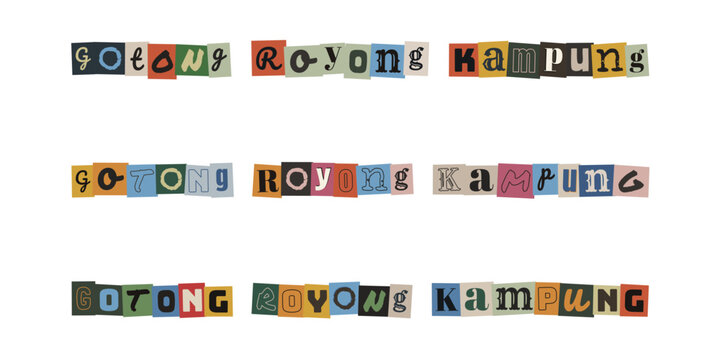 Gotong Royong Kampung ransom note typography, collage style text design with colorful paper cutouts for community concept