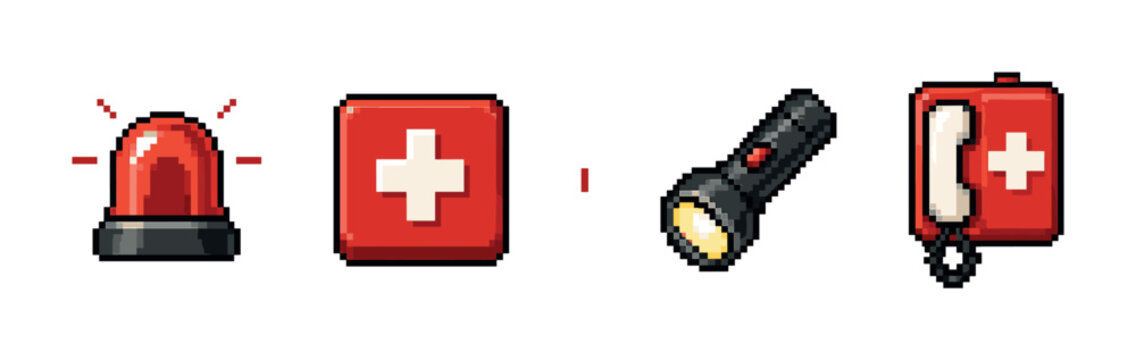 Pixel art emergency icons: siren, first aid kit, phone, and flashlight
