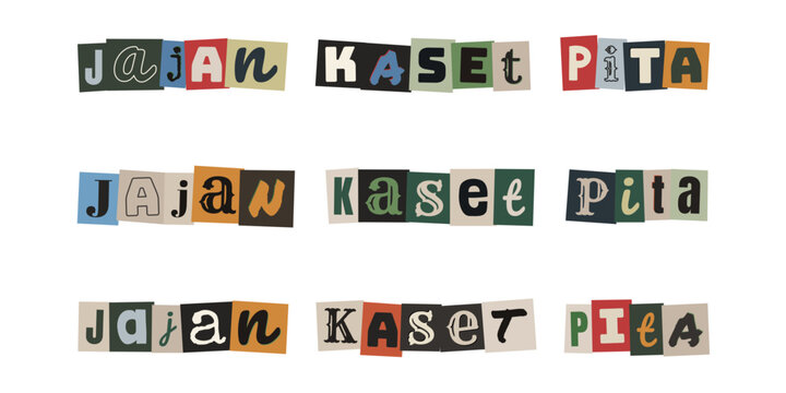 JAJAN KASET PITA ransom note style typography, collage letters alphabet, retro music cassette tape aesthetic design