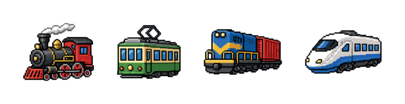 Collection of pixel art trains including steam, bullet, tram, and freight