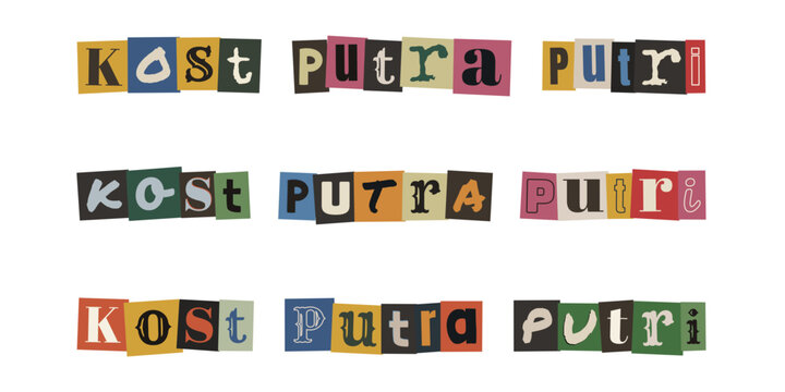 Kost putra putri ransom note style typography, cut out letters alphabet collage for boarding house signage design