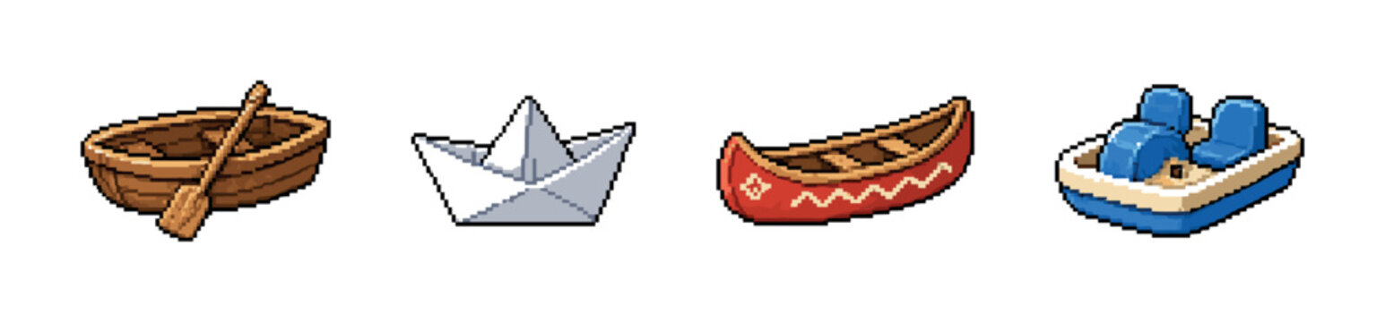 Collection of pixel art boats and watercraft for digital design